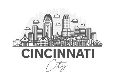 Cincinnati, Ohio architecture line skyline illustration with shadows. Linear vector cityscape with famous landmarks, city sights, design icons.