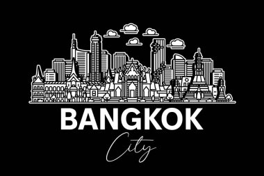 Bangkok, Tayland mimarisi. Gölgeli ufuk çizgisi çizimi. Ünlü şehir işaretleri, şehir görüşleri, tasarım simgeleri ile doğrusal vektör şehri.