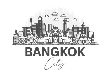 Bangkok, Tayland mimarisi. Gölgeli ufuk çizgisi çizimi. Ünlü şehir işaretleri, şehir görüşleri, tasarım simgeleri ile doğrusal vektör şehri.