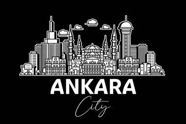 Ankara ve Türkiye mimari çizgisi gölgelerle kaplı. Ünlü şehir işaretleri, şehir görüşleri, tasarım simgeleri ile doğrusal vektör şehri.