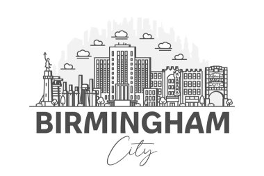 Birmingham, ABD mimari serisi. Gölgeli ufuk çizgisi çizimi. Ünlü şehir işaretleri, şehir görüşleri, tasarım simgeleri ile doğrusal vektör şehri.