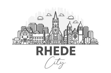 Rhede, Almanya mimari çizgisi, gölgeli ufuk çizgisi çizimi. Ünlü şehir işaretleri, şehir görüşleri, tasarım simgeleri ile doğrusal vektör şehri.