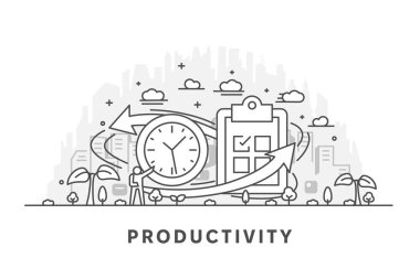 Organize iş akışı ve yükselen verimlilik, odak, performans, zaman yönetimi ve iş büyümesini sembolize eden verimlilik kavramının asgari çizgi çizimi. Düzenlenebilir vuruş.