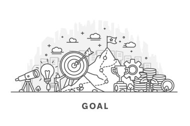 Hedef ve yön, amaç, odaklanma, başarı ve stratejik iş planlamasını sembolize eden hedef kavramının asgari çizgi çizimi. Düzenlenebilir vuruş.