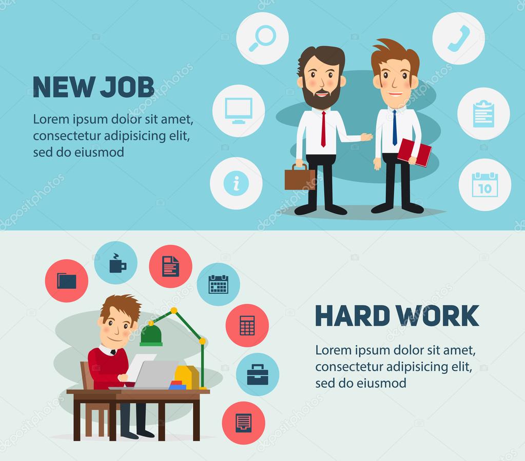 New job search and stress work infographic. Office life business man. People in action. Computer, table, books, clock.