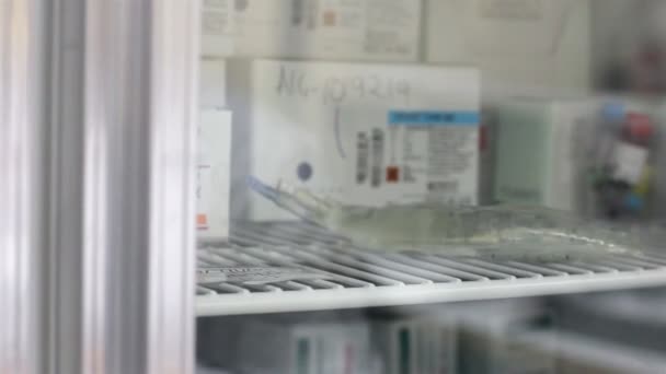 Mexico, 2014: CLOSE UP-HANDHELD SHOT. Febrile reactions introduced in a refrigerator. — Stock Video