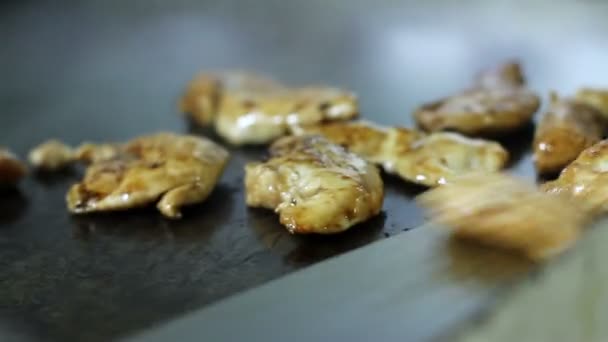 México, 2014: CLOSE UP-HANDHELD SHOT. Trozos de pollo frito cocidos . — Vídeo de stock