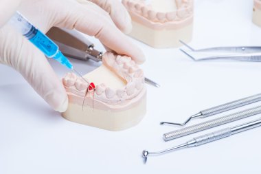 Diş hekimi nasıl enjeksiyon yapılacağını gösterir