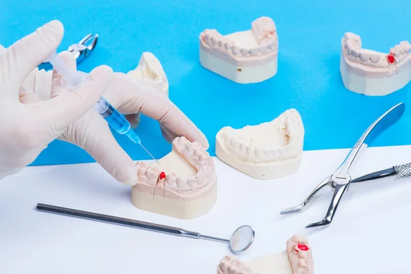 Dentista mostra como fazer a injeção — Fotografia de Stock