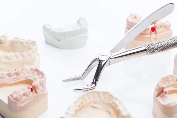 Moldes dentales con herramientas dentales básicas sobre una mesa blanca brillante — Foto de Stock