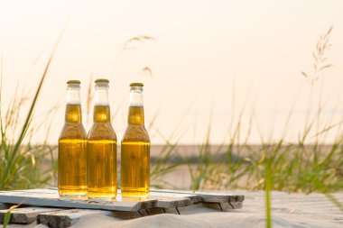 Rustik ahşap tahta üzerinde duran üç bira şişeleri