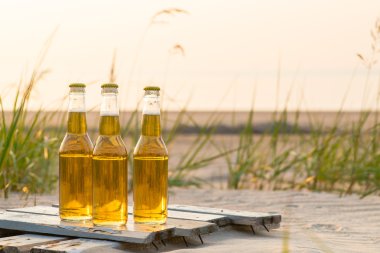 Rustik ahşap tahta üzerinde duran üç bira şişeleri