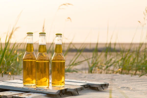 Rustik ahşap tahta üzerinde duran üç bira şişeleri