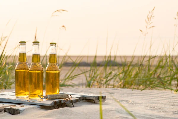 Rustik ahşap tahta üzerinde duran üç bira şişeleri — Stok fotoğraf