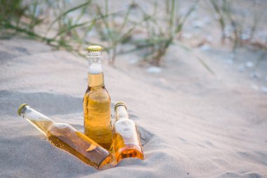 Üç soğuk bira şişeleri kum