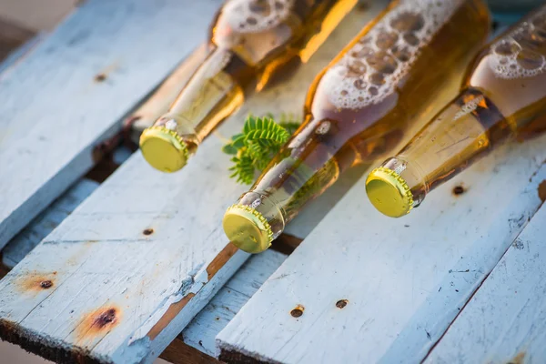 Bouteilles de bière posées sur la planche en bois — Photo