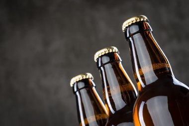 Taze demlenmiş bira şişeleri üst üste gri beton duvarı