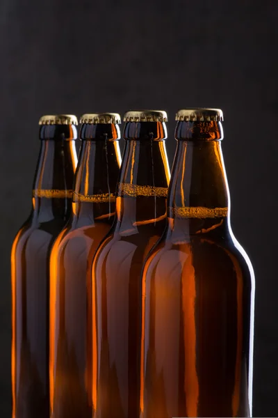 Freshly brewed beer bottles in a row over the grey concrete wall — Stock Photo, Image