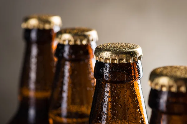 Bouteilles de bière fraîchement brassées en rangée sur le mur de béton gris — Photo