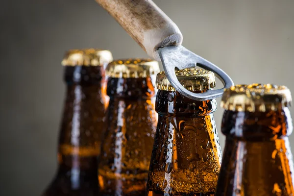 Brown ice cold beer bottles with old opener — Stock Photo, Image