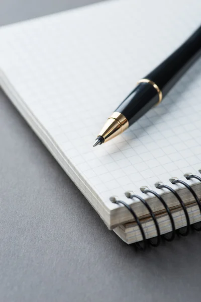 Een spiraal notebook met zwarte balpen over de grijze achtergrond — Stockfoto