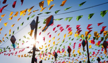 Kiraz kuşu, renkli parti bayrakları, mavi gökyüzü.