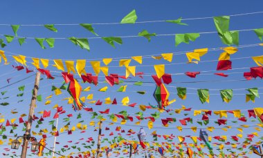 Kiraz kuşu, renkli parti bayrakları, mavi gökyüzü.