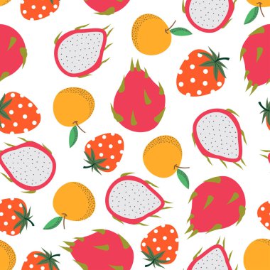 Beyaz arka planda turuncu, çilekli ve ejderha meyveli düz desen