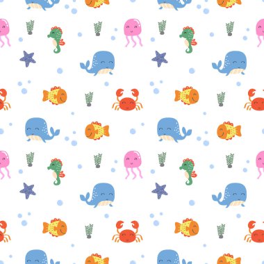 Beyaz arka planda deniz hayvanları konsepti olan çocuk deseni