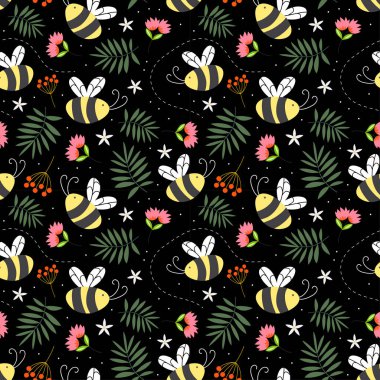 Kusursuz çocuksu şablon. Siyah arka plandaki arılar. Bahçedeki arılarla yaratıcı desen