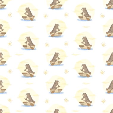  Çocuklar, beyaz arka planda tahta bir teknede bebek ayı deseni.