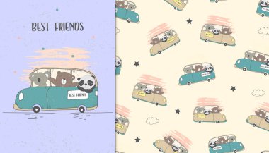 Panda, koala ve ayının araba sürüşünün ve çocukların pastel arka plandaki bebek desenlerinin bir örneği.