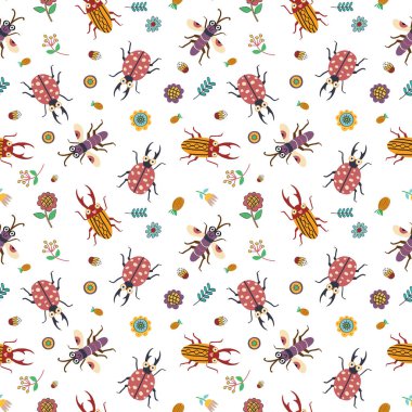 Kusursuz desenli bahçe konseptli renkli böcek ve bitki.