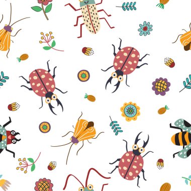 Kusursuz desenli bahçe konseptli renkli böcek ve bitki.