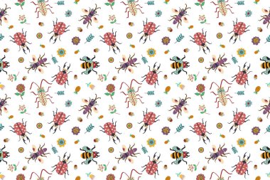 Kusursuz desenli bahçe kavramına sahip renkli böcek ve bitki. Kumaş, ambalaj, tekstil, duvar kağıdı, giysi için yaratıcı desen dokusu..