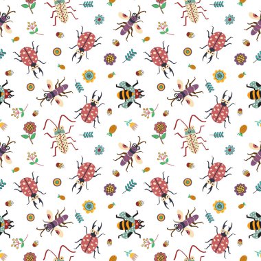 Kusursuz desenli bahçe konseptli renkli böcek ve bitki.