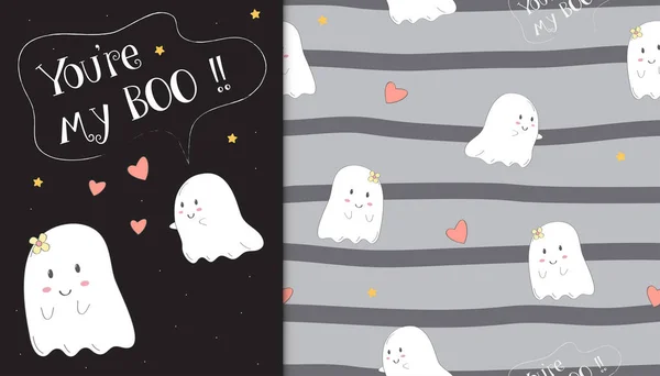 Ilustração Fantasma Bonito Fundo Preto Padrão Bebê Estilo Stipes — Vetor de Stock