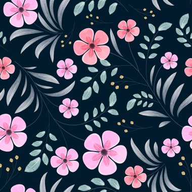 Koyu arkaplanda suluboya şekilli çiçek deseni