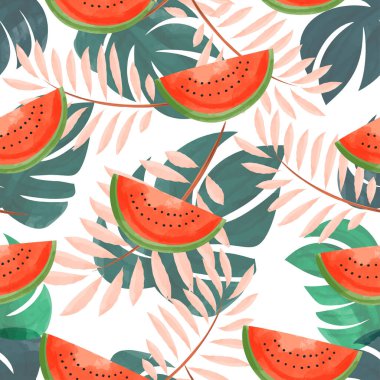 Egzotik doğası ve taze karpuzu olan tropikal desen