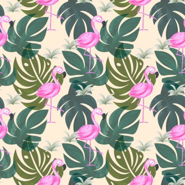 Egzotik doğalı ve flamingo kuşlu tropikal desen