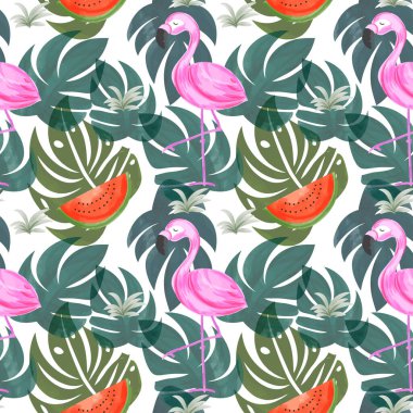 Taze karpuz ve flamingo kuşuyla tropikal desen