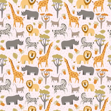 Pembe arka planda Afrikalı hayvanların olduğu kusursuz bir model.