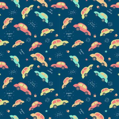 Elle çizilmiş şirin arabalı kusursuz bir desen. Çizgi film arabaları tasviri. Çocuklar için mükemmel kumaş, tekstil, duvar kağıdı.