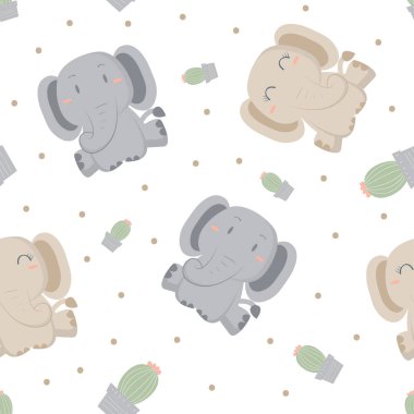 Beyaz arka planda kusursuz çocuksu desenli filler ve kaktüsler.