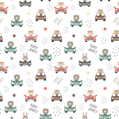 Beyaz arka planda araba süren sevimli hayvanların kusursuz paternleri.