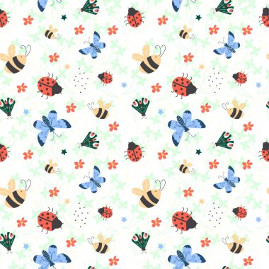 Renkli kelebekleri, uğur böceği, arı ve böceği olan kusursuz bir desen. Kumaş, ambalaj, tekstil, duvar kağıdı ve giysi için yaratıcı. Vektör illüstrasyonu