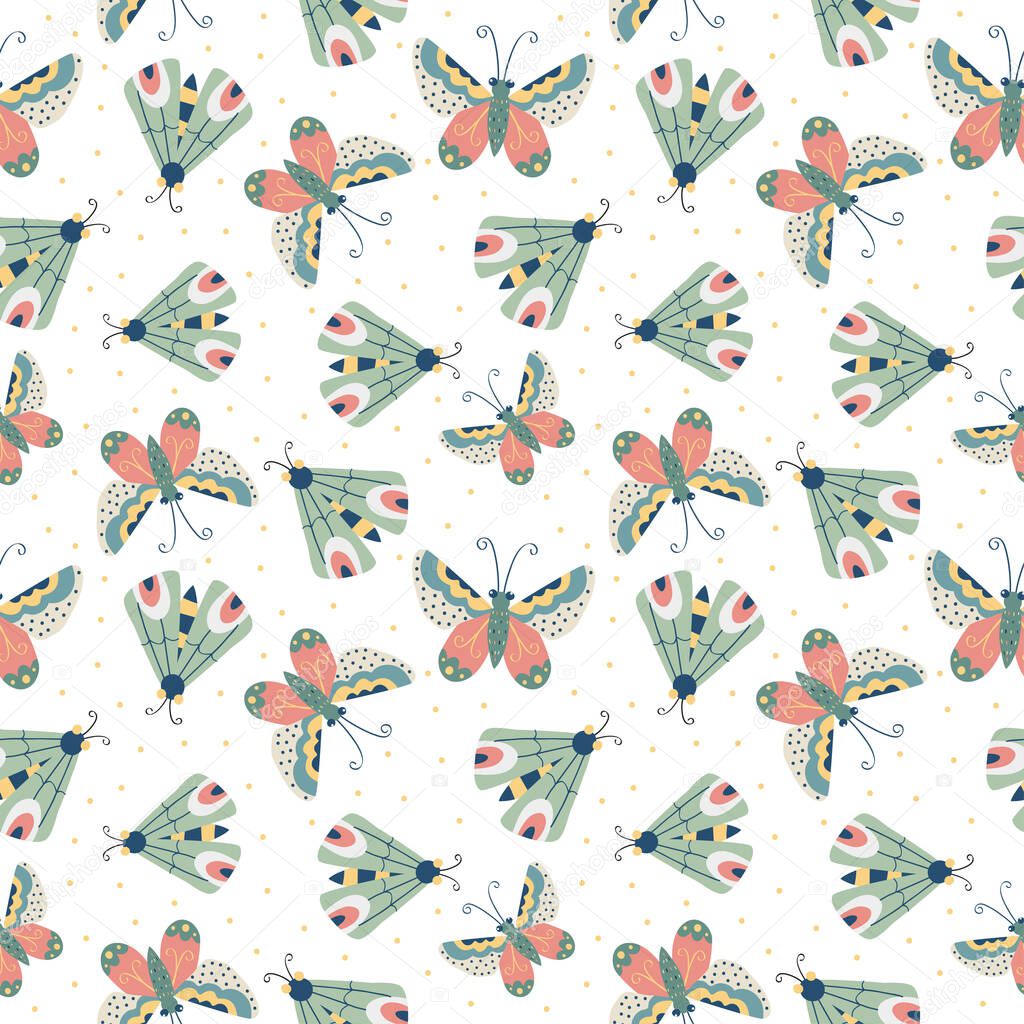 Seamless childish pattern with butterflies in the white backdrop. Creative kids pattern texture for fabric, wrapping, textile, wallpaper, apparel. Vector illustration
