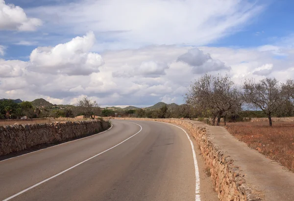 Bending road with markings among the stone walls and trees