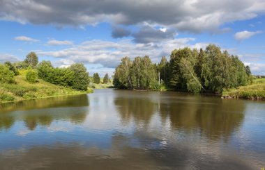 Alan yol çiçekler arasında ve bulutlar ile orman boyunca