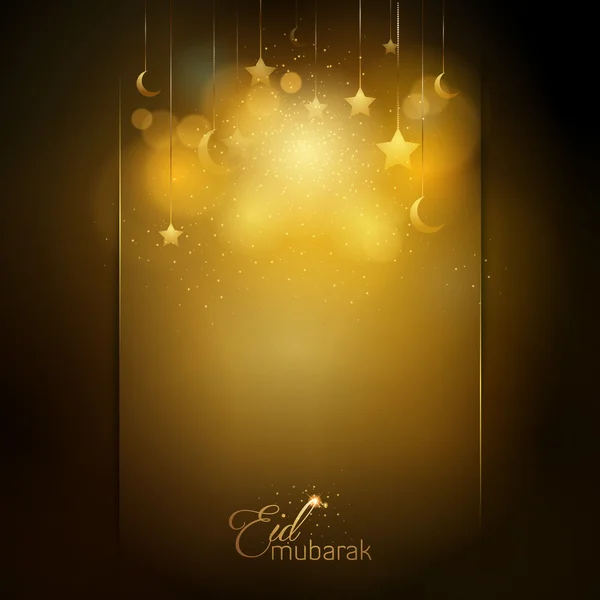 Eid Mubarak brillo estrella y media luna islámica tarjeta de felicitación fondo — Vector de stock